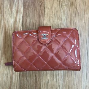 AuthChanelQuilted CCWalletPatentLeather DarkOrange